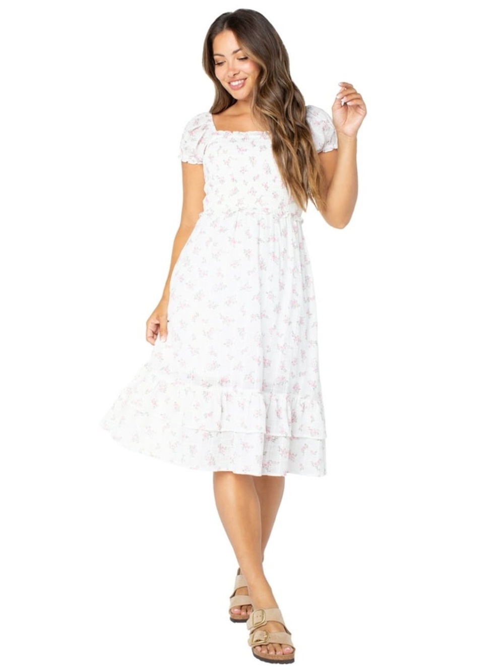Celebrity Pink Puff Sleeve Smocked Midi Dress with Ruffle Details Size XL